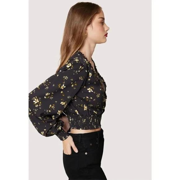 Lost + Wander Daisy Floral Long Sleeve Crop Top 2X Black Smocked Ruffle V-Neck - Picture 9 of 12